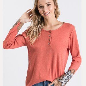 Crochet Lace Wrist Trim Henley Top